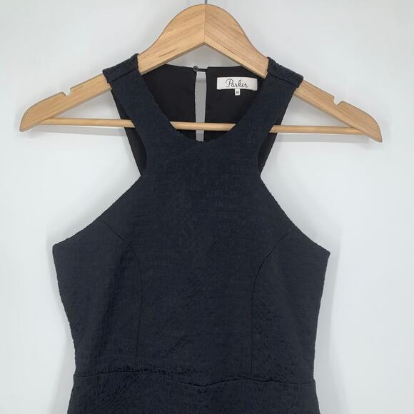 Parker Barcelona Cutout Racerback Halter Ruffle Hem Jacquard Mini Dress, Black - Picture 4 of 11